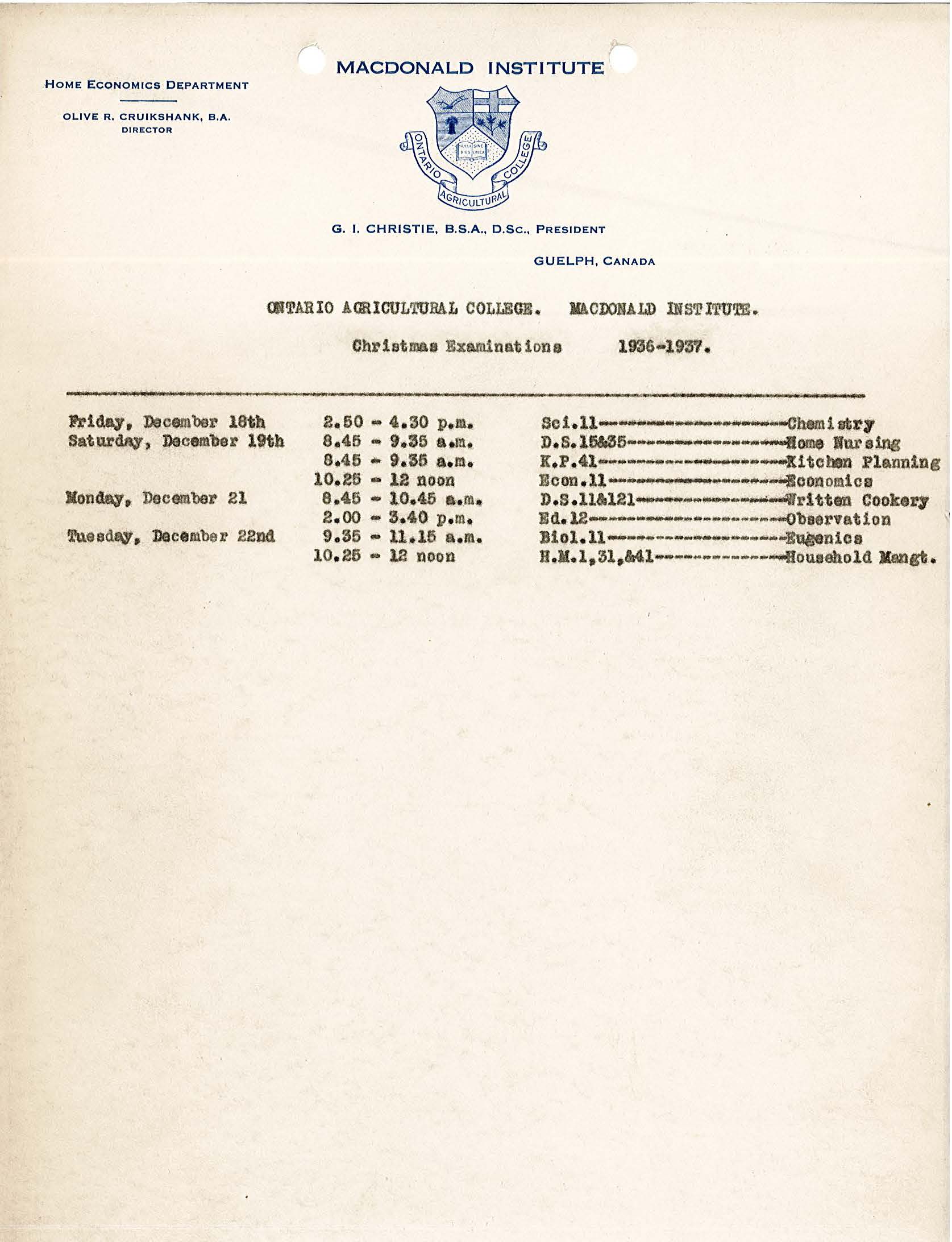A Macdonald Institute exam timetable from 1936-1937. Eugenics is one of the course exams listed.