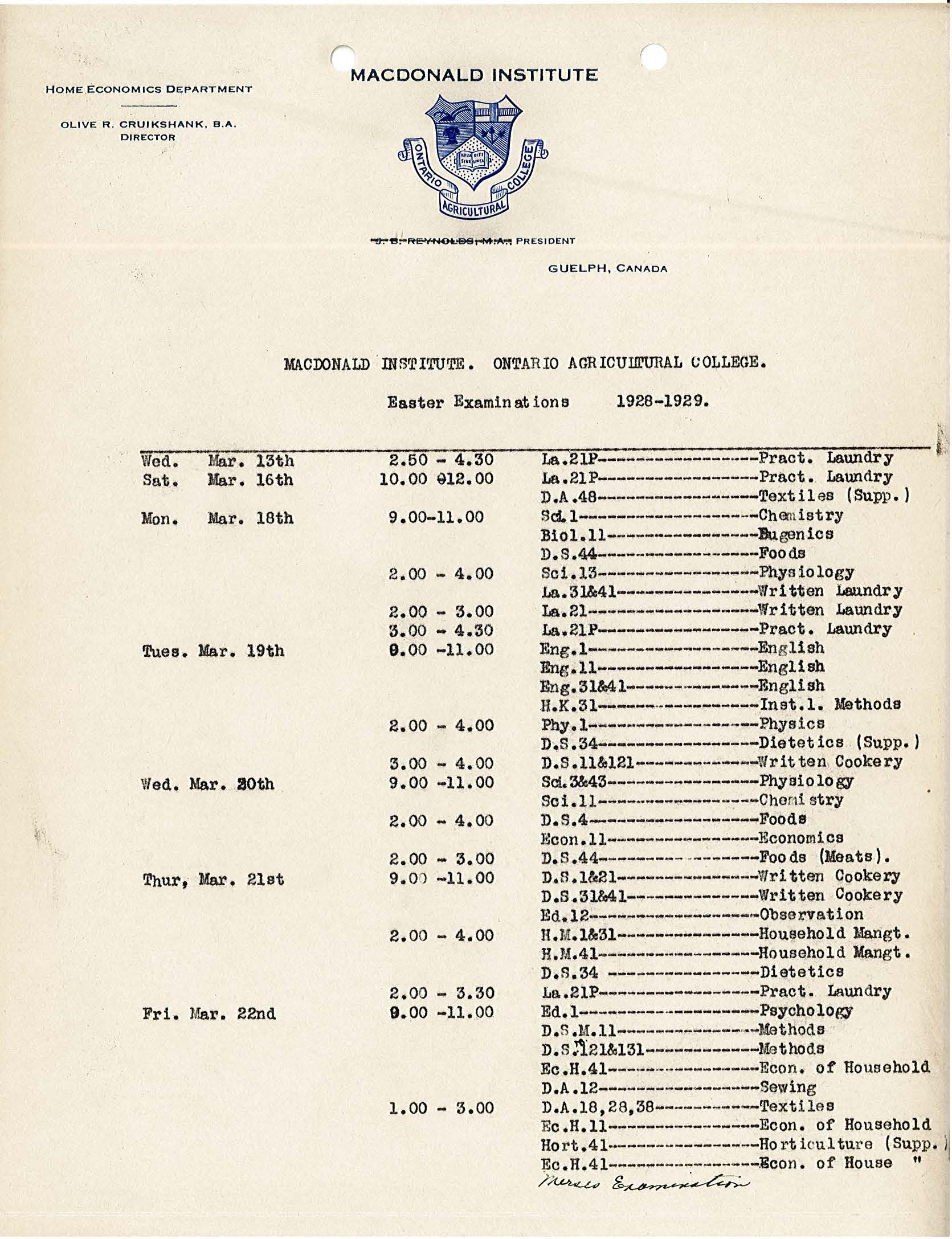 A Macdonald Institute exam timetable from 1928-1929. Eugenics is one of the course exams listed.