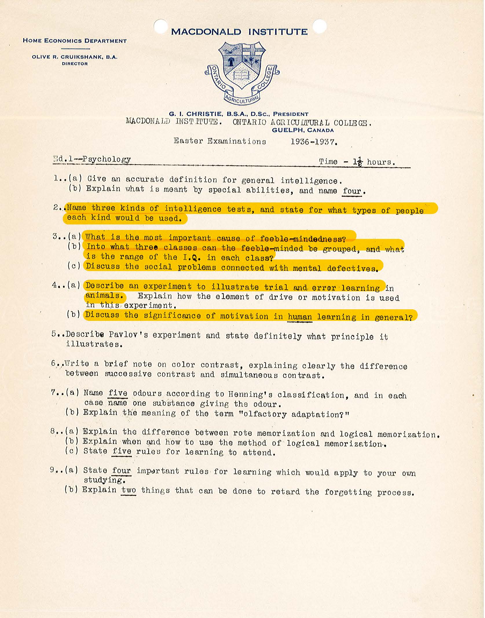 Macdonald Institute Psychology exam, 1936-1937. The exam is on eugenics and intelligence testing. 