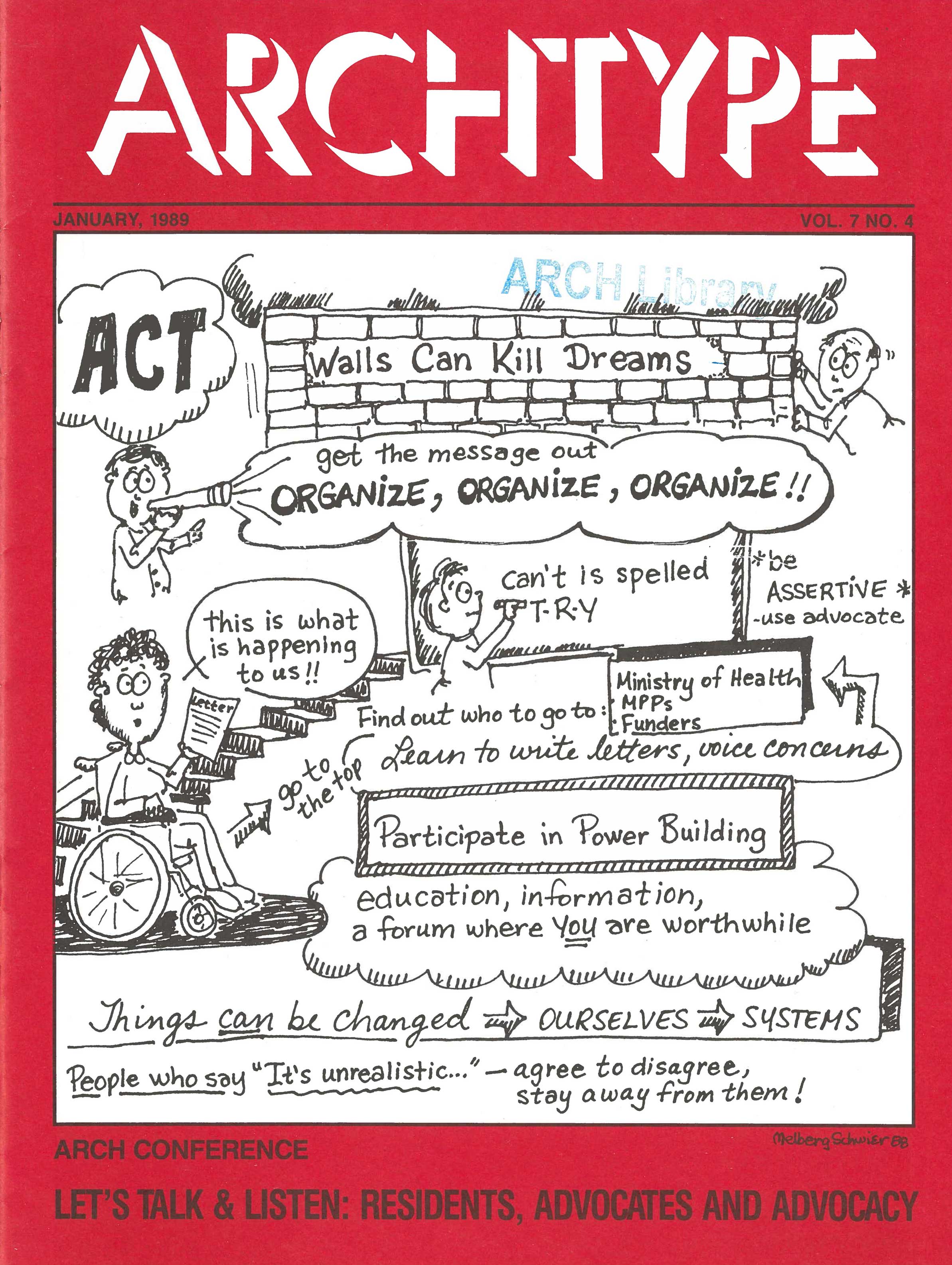 ARCHTYPE journal with red border. Inside the border is an illustration with text. Under the illustration says, “Let’s Talk & Listen: Residents, Advocates and Advocacy.”