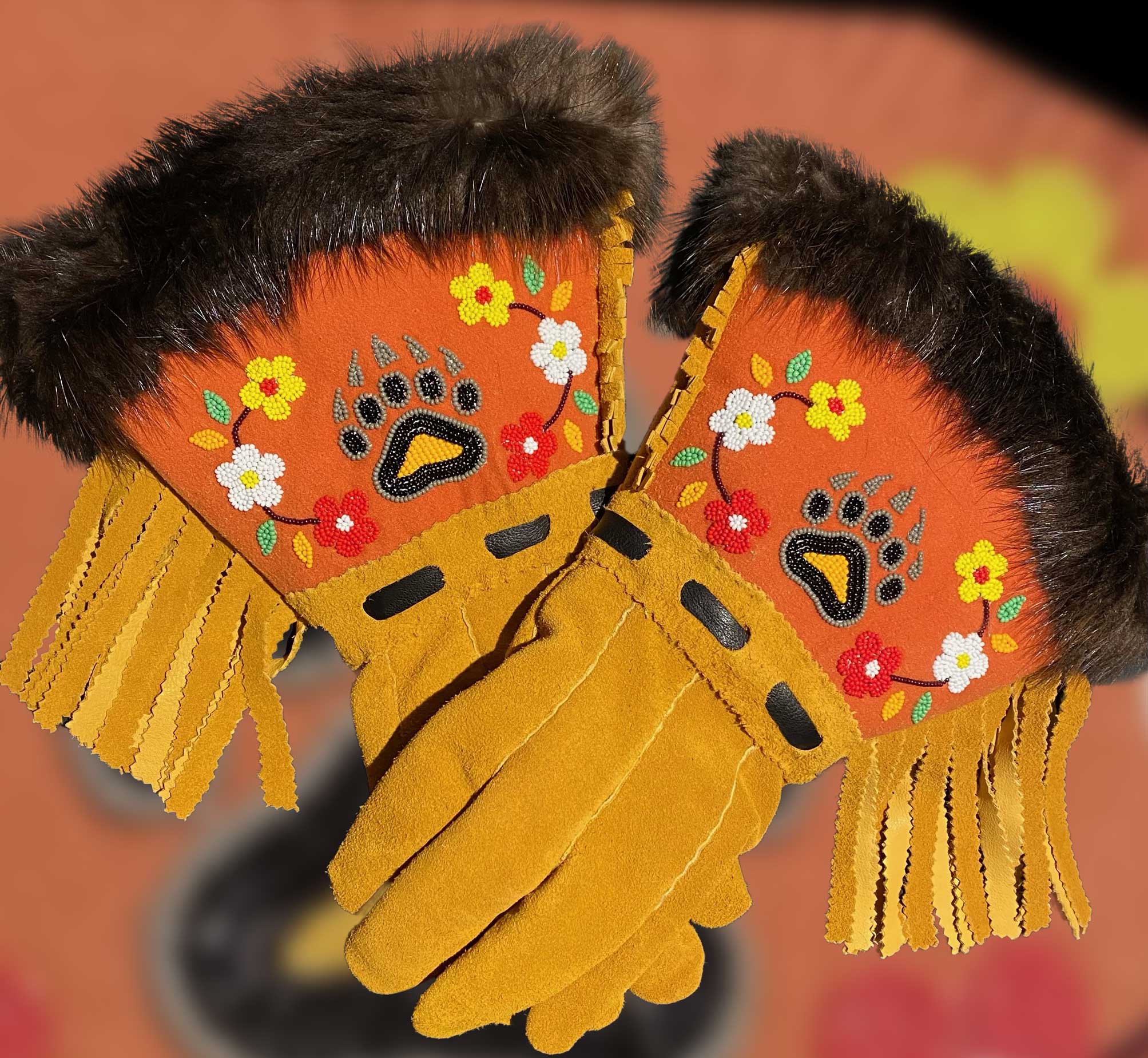 Ojibwe beaded gloves with floral design